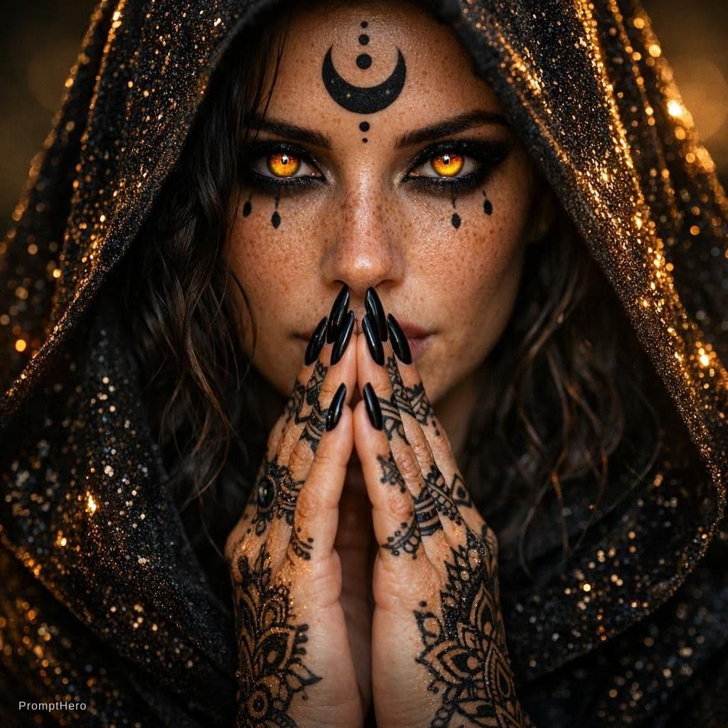 AI generated: "A highly detailed, photorealistic portrait of a mysterious woman with intense glowing amber-orange ...