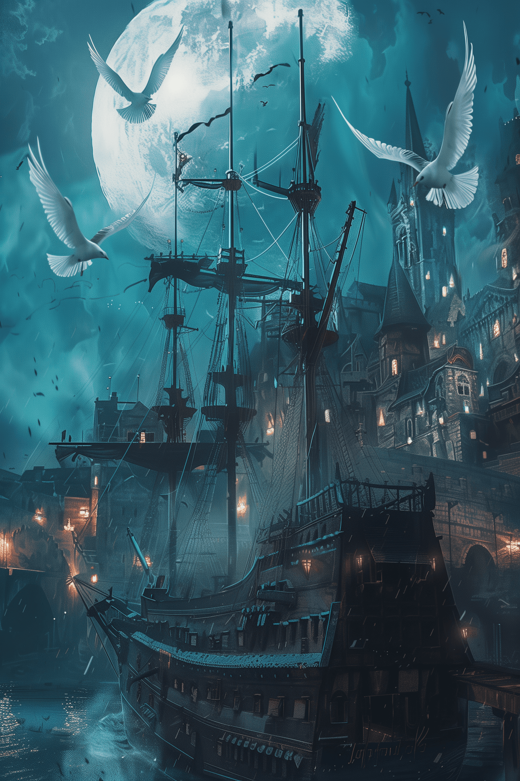 AI generated: The illustration stems from the side of an old wooden ship, with five angels with wings flying above...