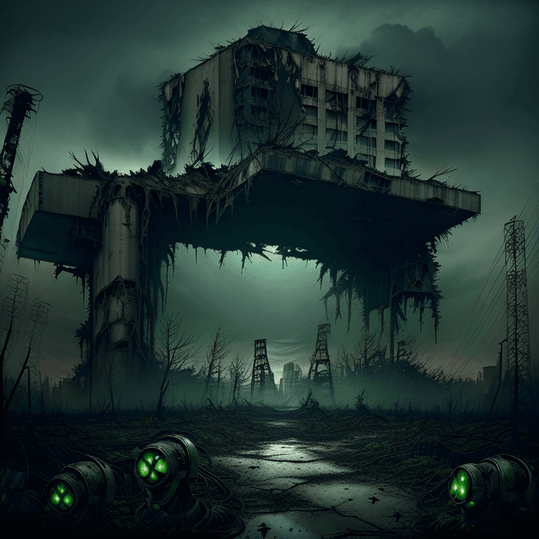 AI generated: movie still, Fukushima Nuclear Power Plant, ruins, mutated creature, collapsed debris, dystopian atm...