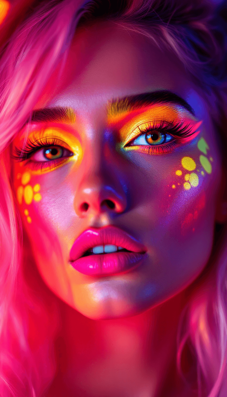 AI generated: A vibrant and attention-grabbing look using bright neon colors on the eyes, lips, or cheeks to creat...