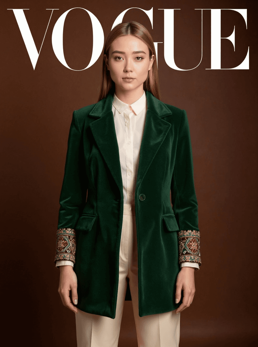 AI generated: fashion cover, front view, upper-body, A woman model, dark brown background , A green velvet coat wi...