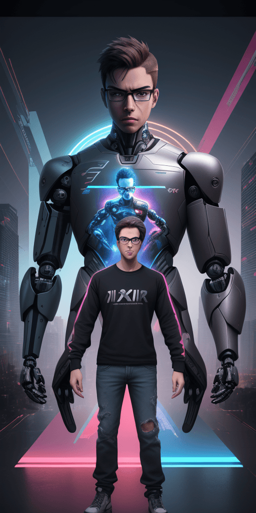 AI generated: Young male character with features of a graphic design professional, wearing casual clothes and glas...
