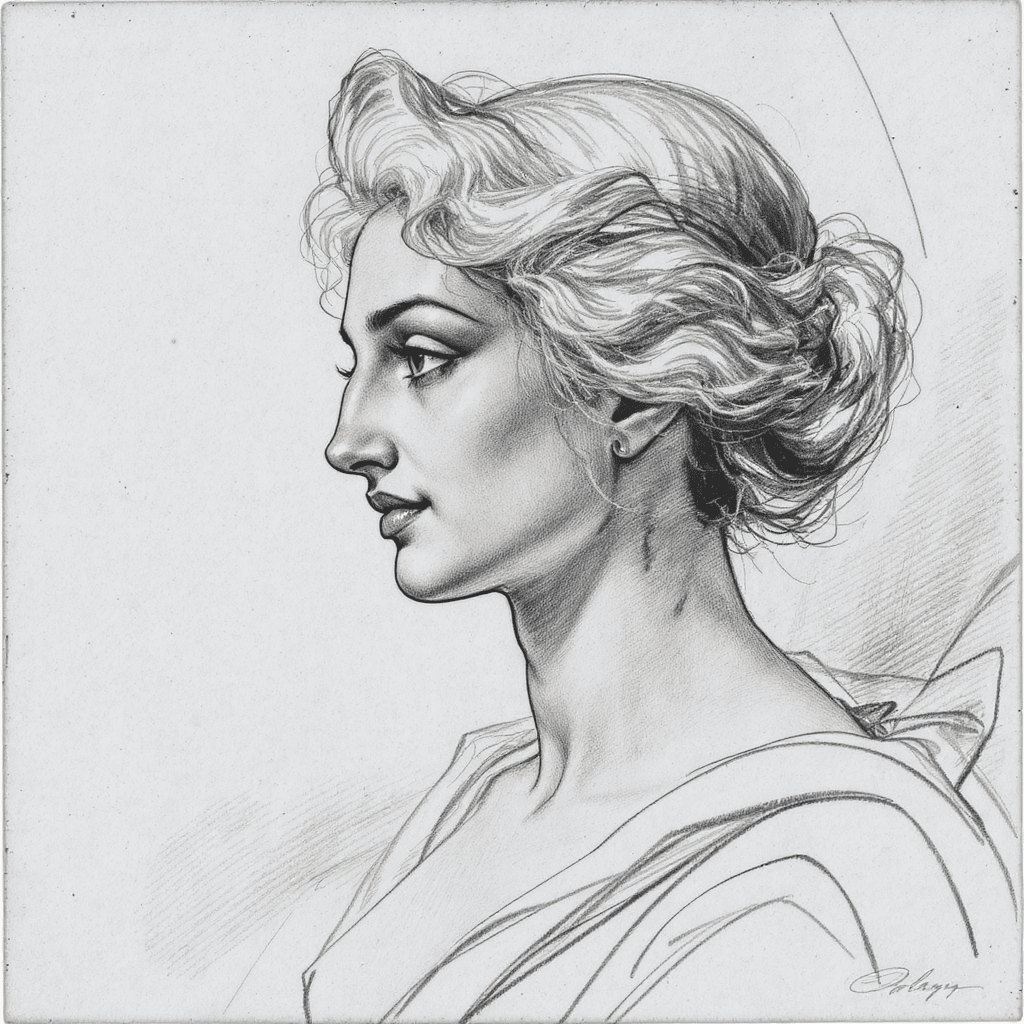 AI generated: stunning sketch portrait by Michelangelo, charcoal drawing, face only, an absolutely gorgeous woman,...