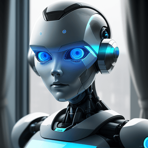 AI generated: Robot standing in front of the window, sitting robot close-up, human-faced robot, close-up humanoid ...