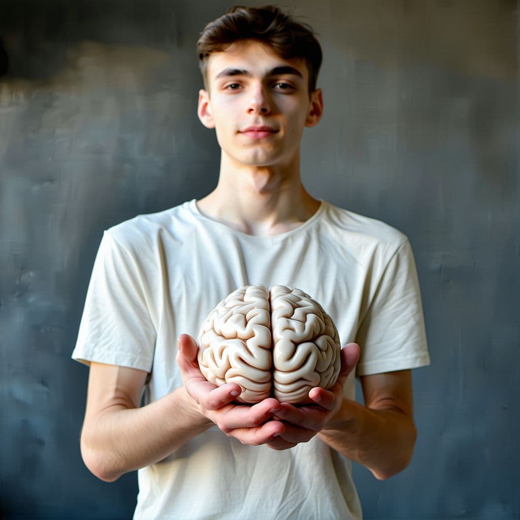 AI generated: a very skinny college age guy easily holds a brain in his hands and presents it proudly to the camer...