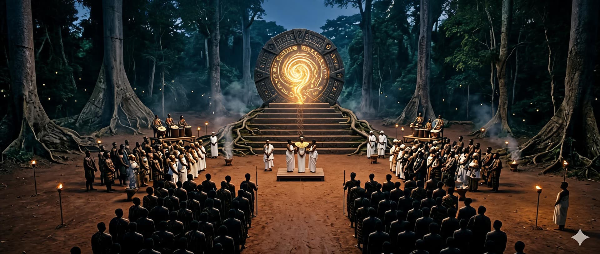 AI generated: ### Image Analysis

This image is a **cinematic Afro-futurist sacred ceremony** set in an ancient fo...