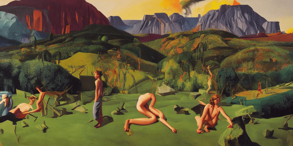 AI generated: epic view, oil painting, neo rauch, david hockney, edward hopper
