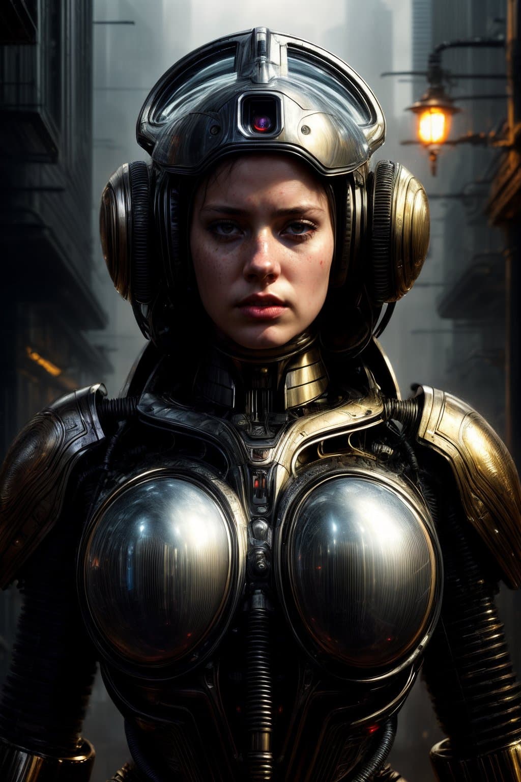 AI generated: cinematic bust portrait of psychedelic robot from left, head and chest only, exotic alien features, ...