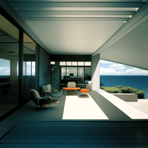 AI generated: Hyper realistic eye level exterior photo of a mid century modern style house overlooking the ocean, ...