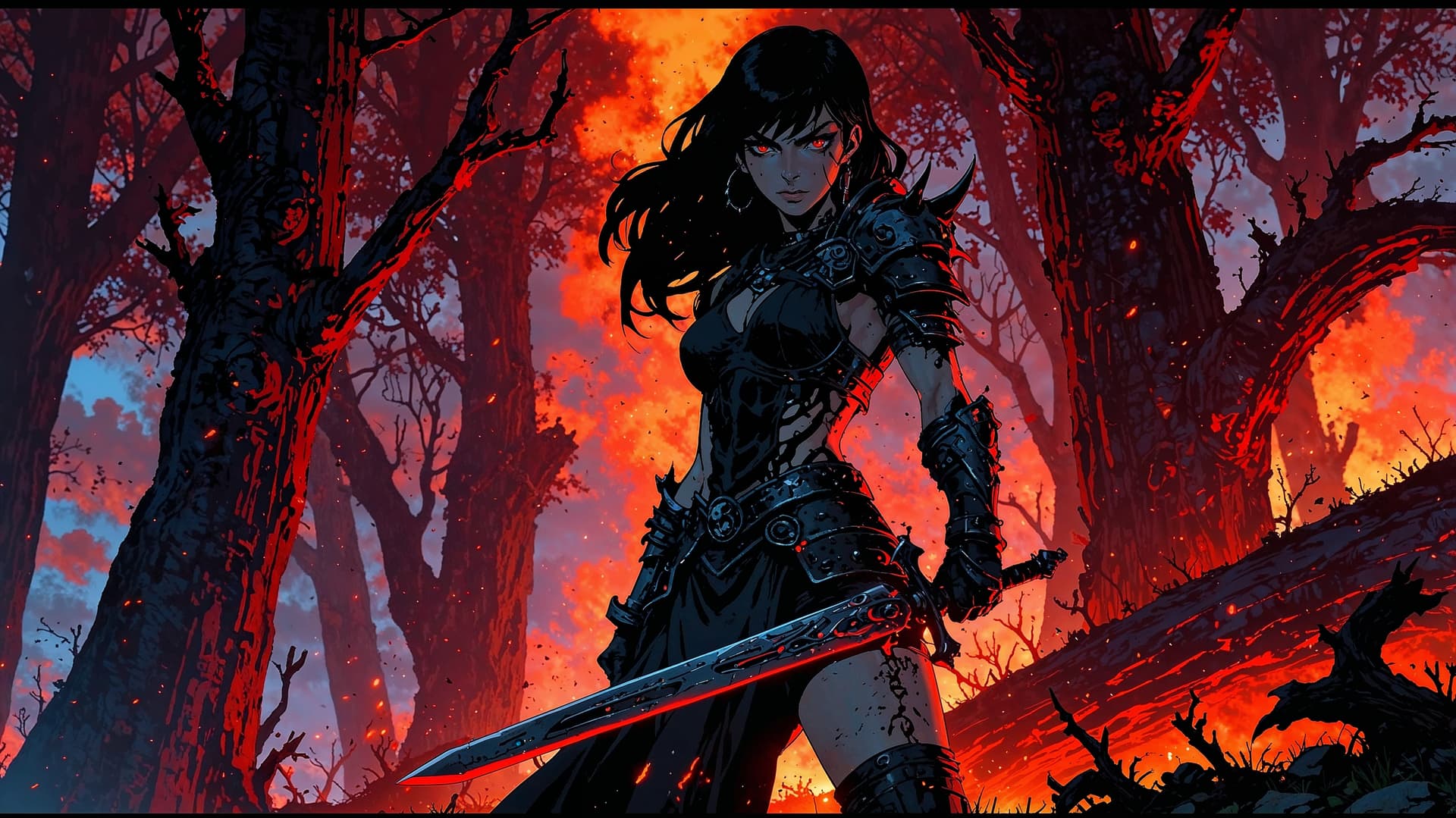 AI generated: Create a highly detailed image of a fierce female warrior inspired by Diablo IV. She wears spiked, d...