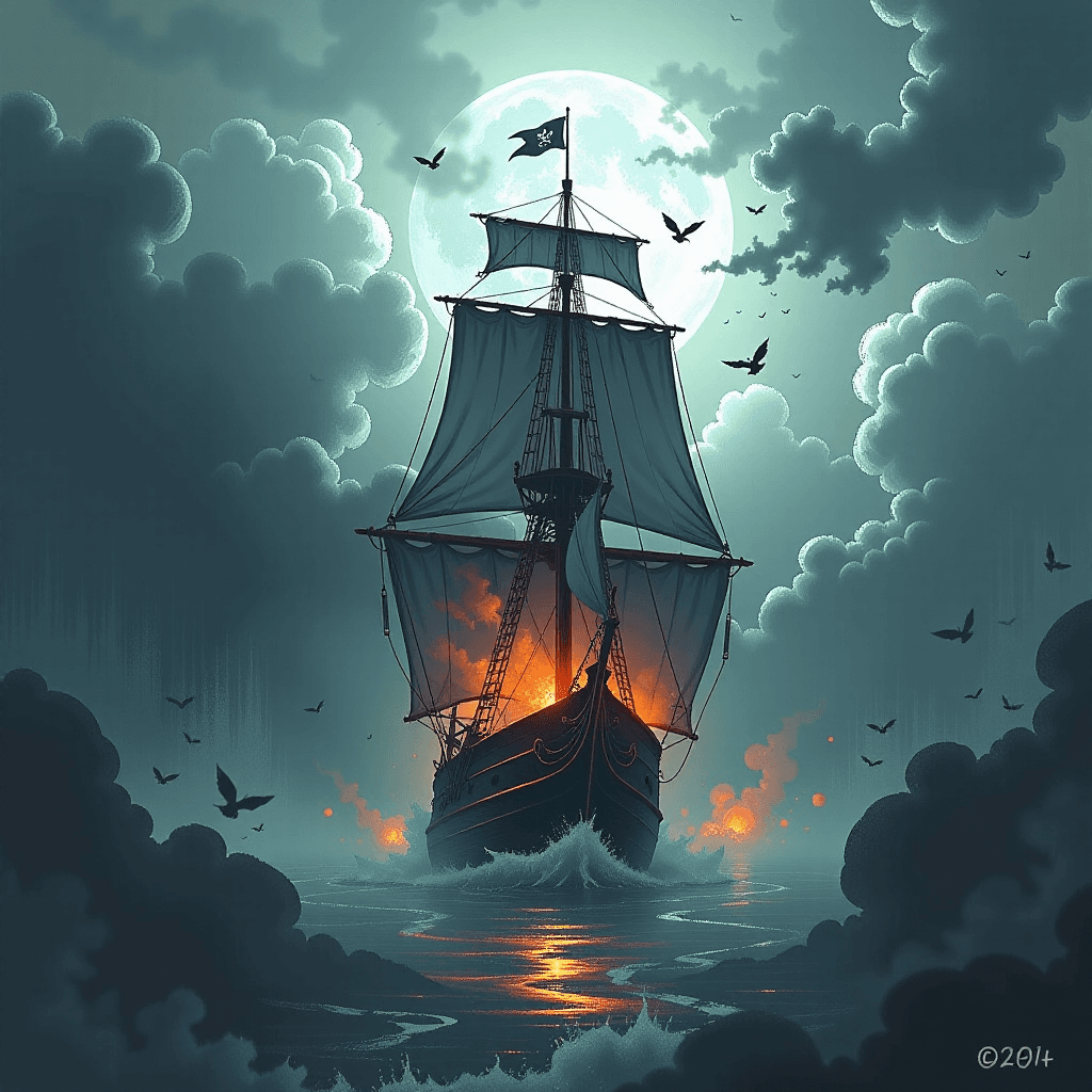 AI generated: A ghostly pirate ship emerging from a thick fog, spectral and eerie, digital painting <lora:Challeng...