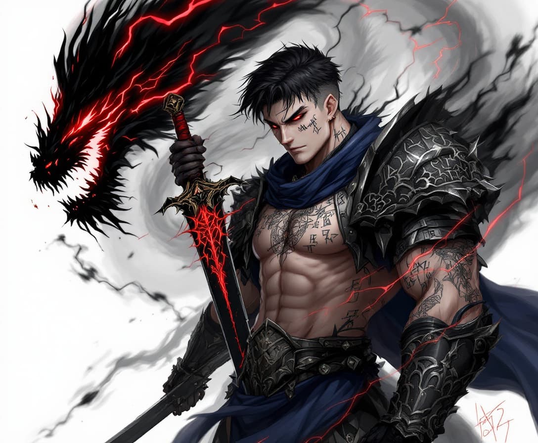 AI generated: a man with light skin, short black hair, black armor with blue fabric, and a black sword with a red ...