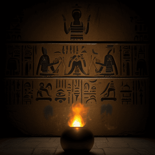 AI generated: Egyptian hieroglyphs, black wall,archeologue with torch


