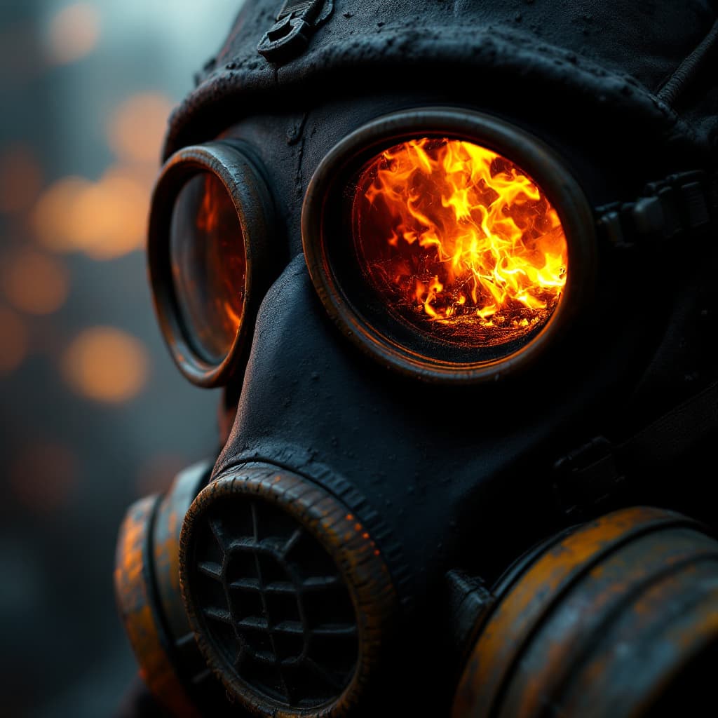 AI generated: A close-up shot of a Chernobyl liquidator's gas mask, filling the frame with gritty, realistic detai...