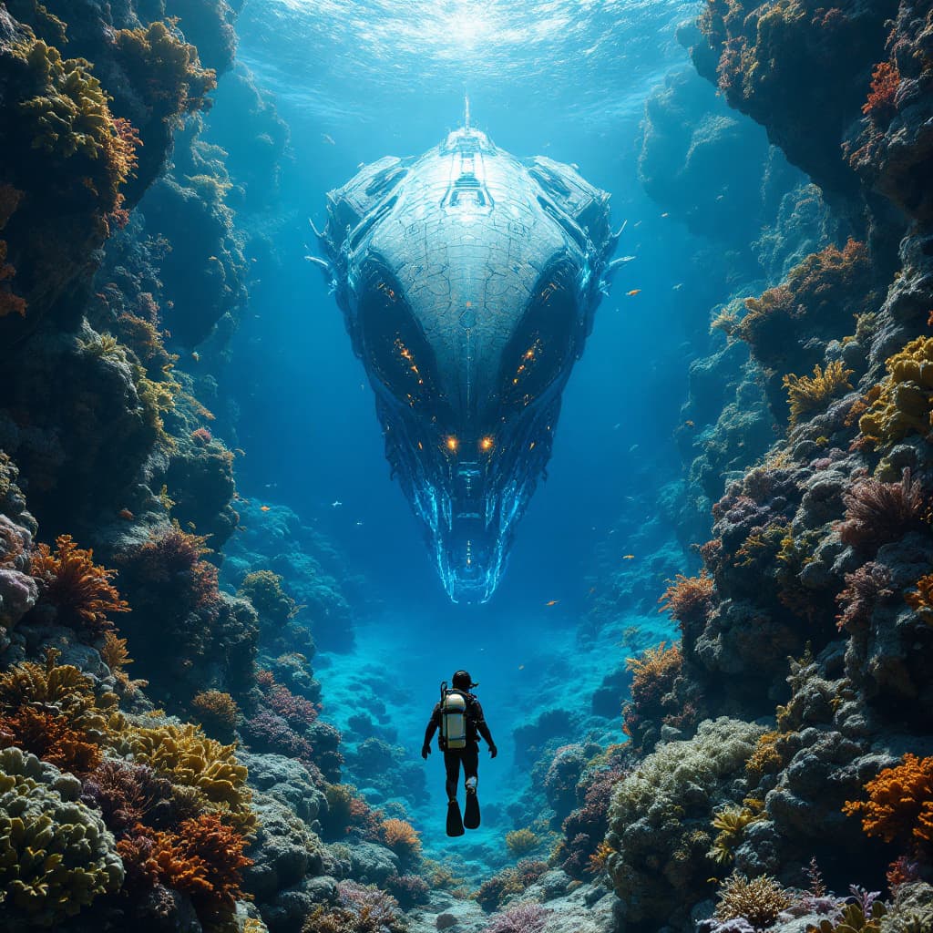 AI generated: A scuba diver coming over a reef looking down into the crystal clear deep at an alien space ship on ...