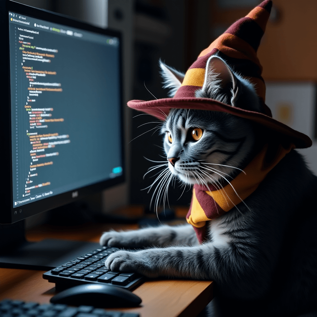 AI generated: grey cat wearing a harry potter hat and programming in javascript in its ultramodern computer