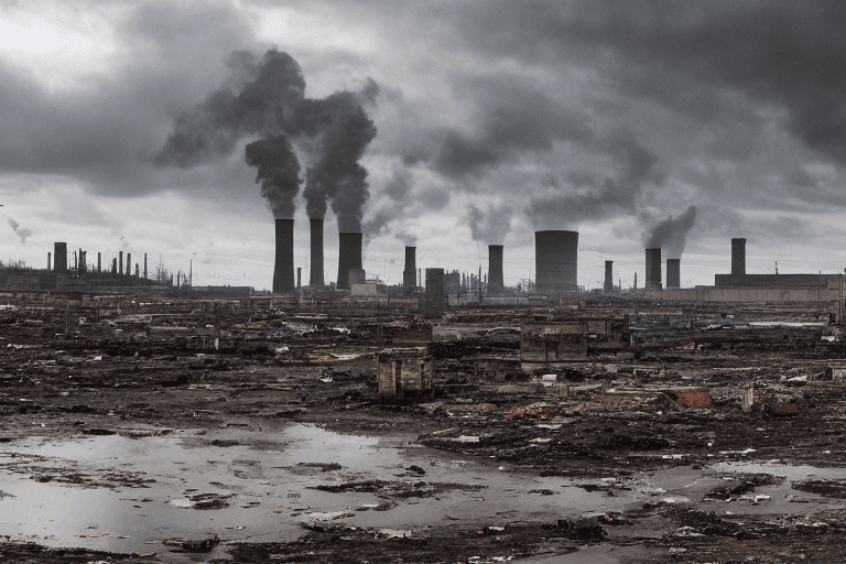 AI generated: a sprawling industrial landscape with towering smokestacks, billowing dark clouds, and a polluted ri...