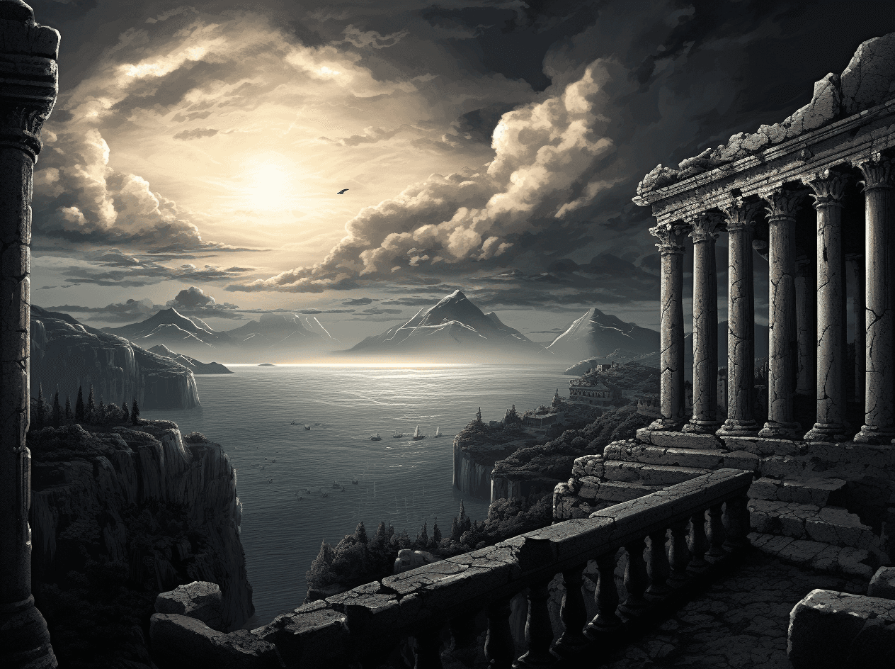 AI generated: The painting depicts the ruins of an ancient Roman palace, with black and white clouds in the sky ab...