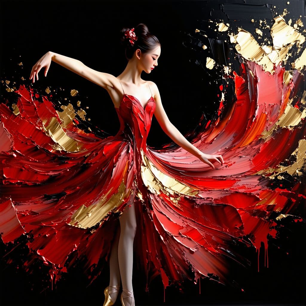 AI generated: A graceful ballerina dressed in a flowing, vibrant red dress captured in impasto style with bold, te...
