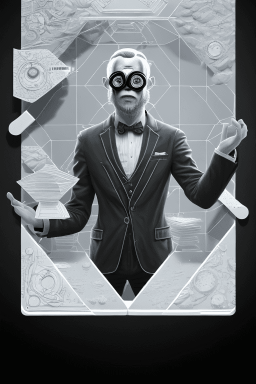 AI generated: A shockingly detailed monochromatic vector illustration of "Mr. Wolfe" examining a strange and other...