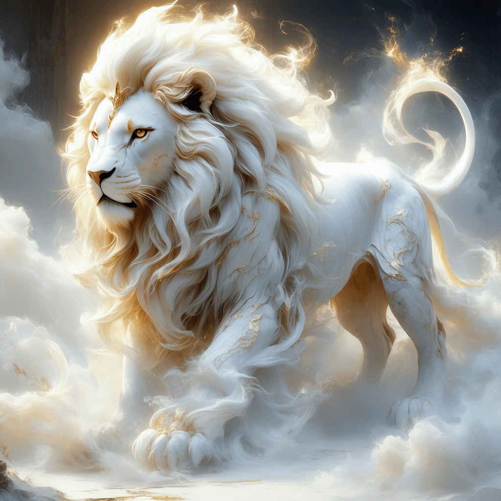 AI generated: an albino lion, A strikingly mystical creature, reminiscent of a large, magical female monster, take...