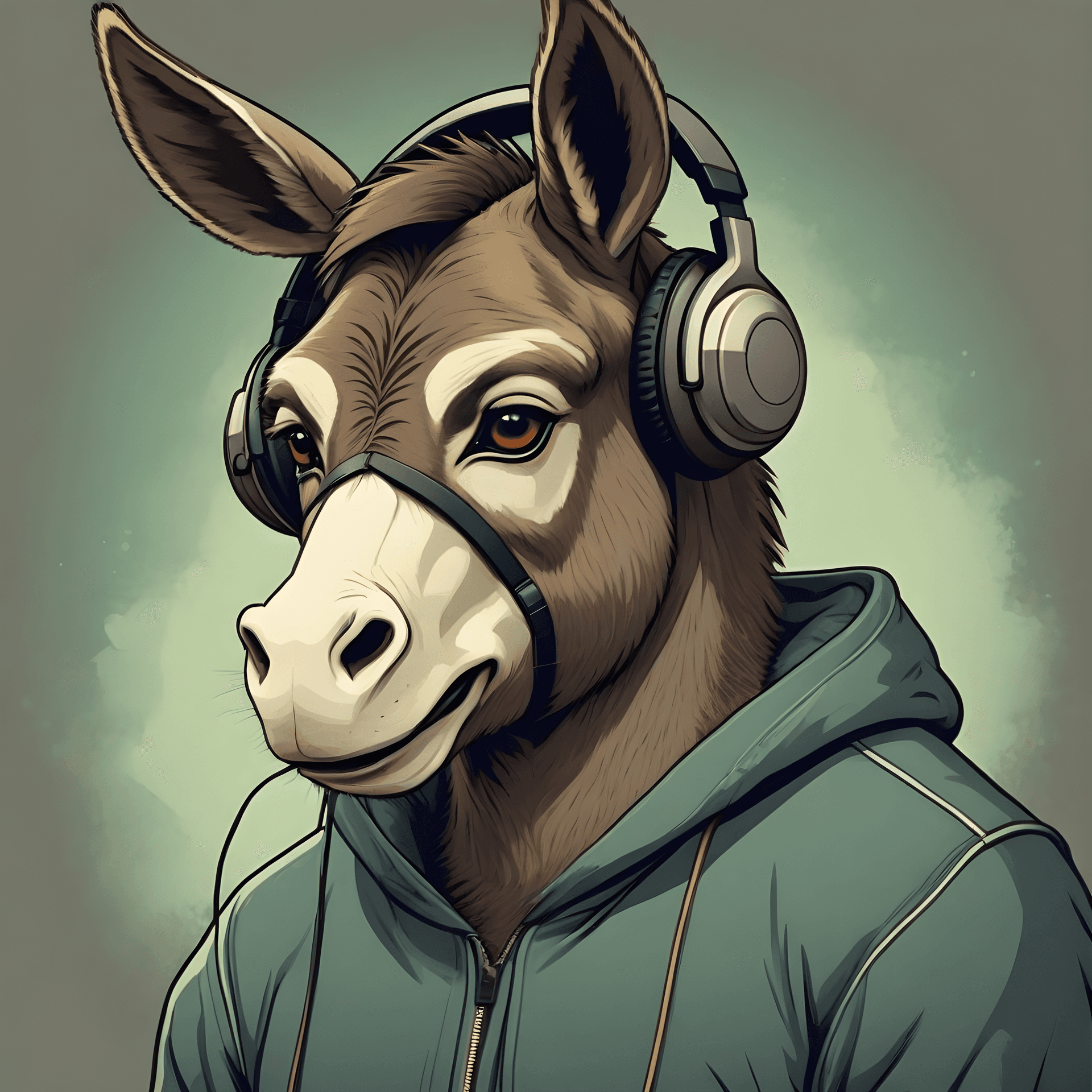 AI generated: Donkey wearing headphones, Digital illustration, vector-based graphics, contemporary era, muted and ...