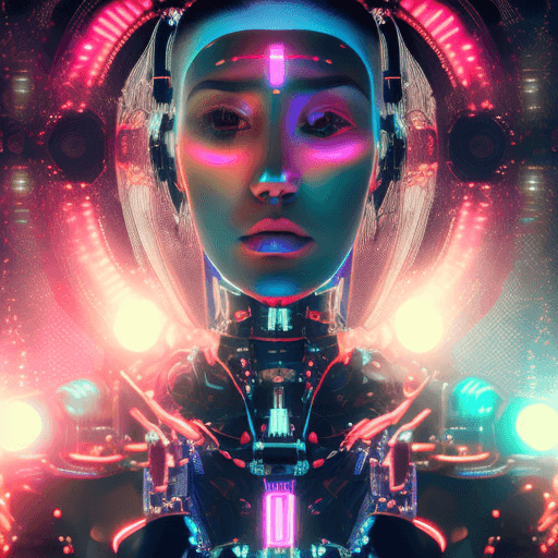 AI generated: cyborg girl with cybernetic implants on her face in the style of neon lights, studio photography, li...