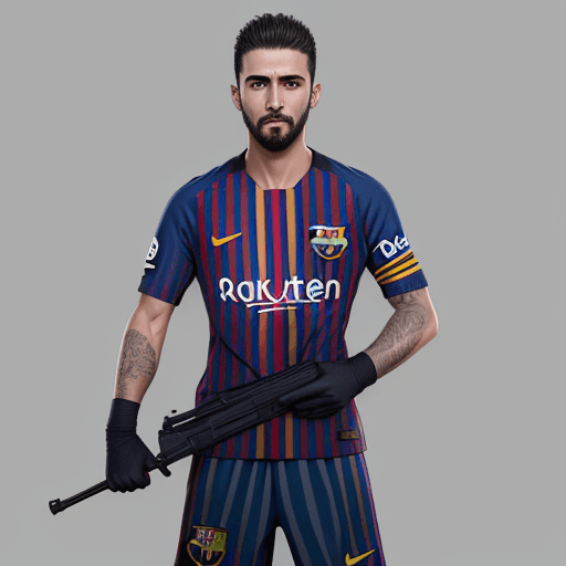 AI generated: Mi villano favorito con el uniforme del Barcelona, realista hd. Con armaduras persona atlética y mus...