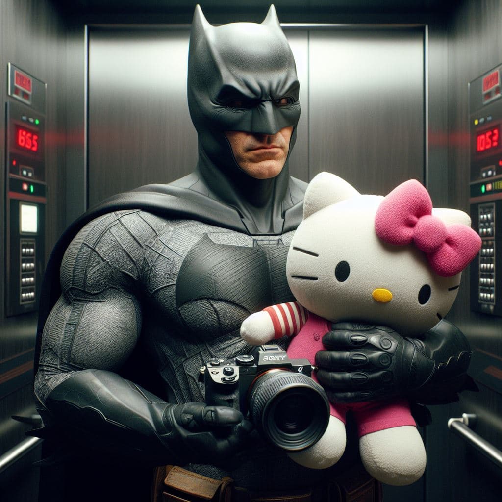 AI generated: Batman está sujetando con las dos manos un peluche de hello kitty en el ascensor, shot with a sony m...