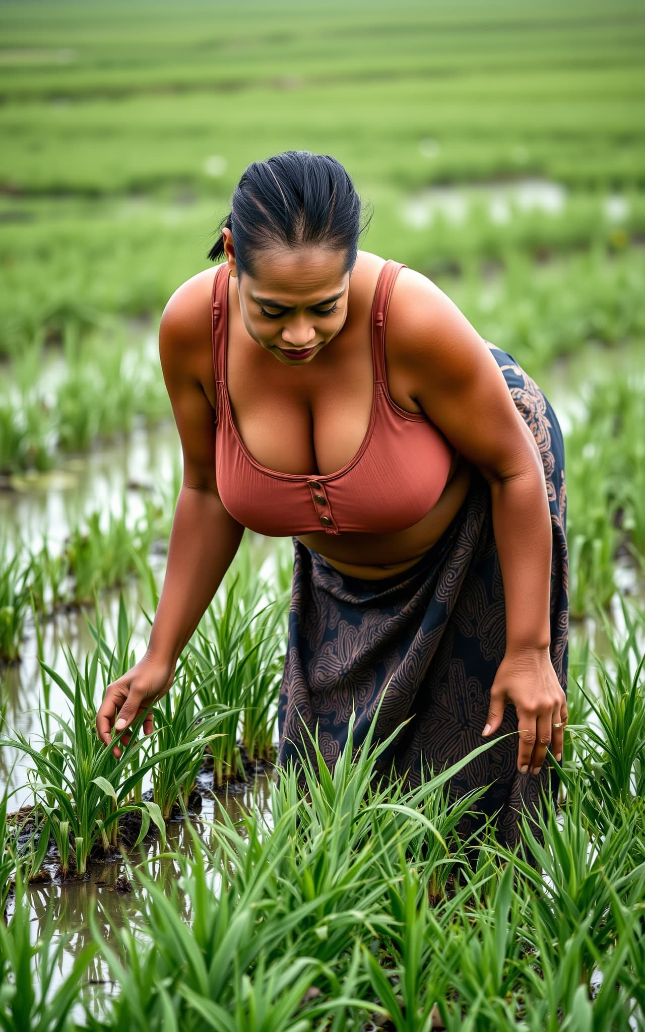 AI generated: Imagine Indonesian beautiful charming intriguing woman in the slightly flooded rice field bent over ...