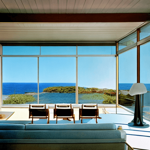 AI generated: Hyper realistic eye level exterior photo of a mid century modern style house overlooking the ocean, ...
