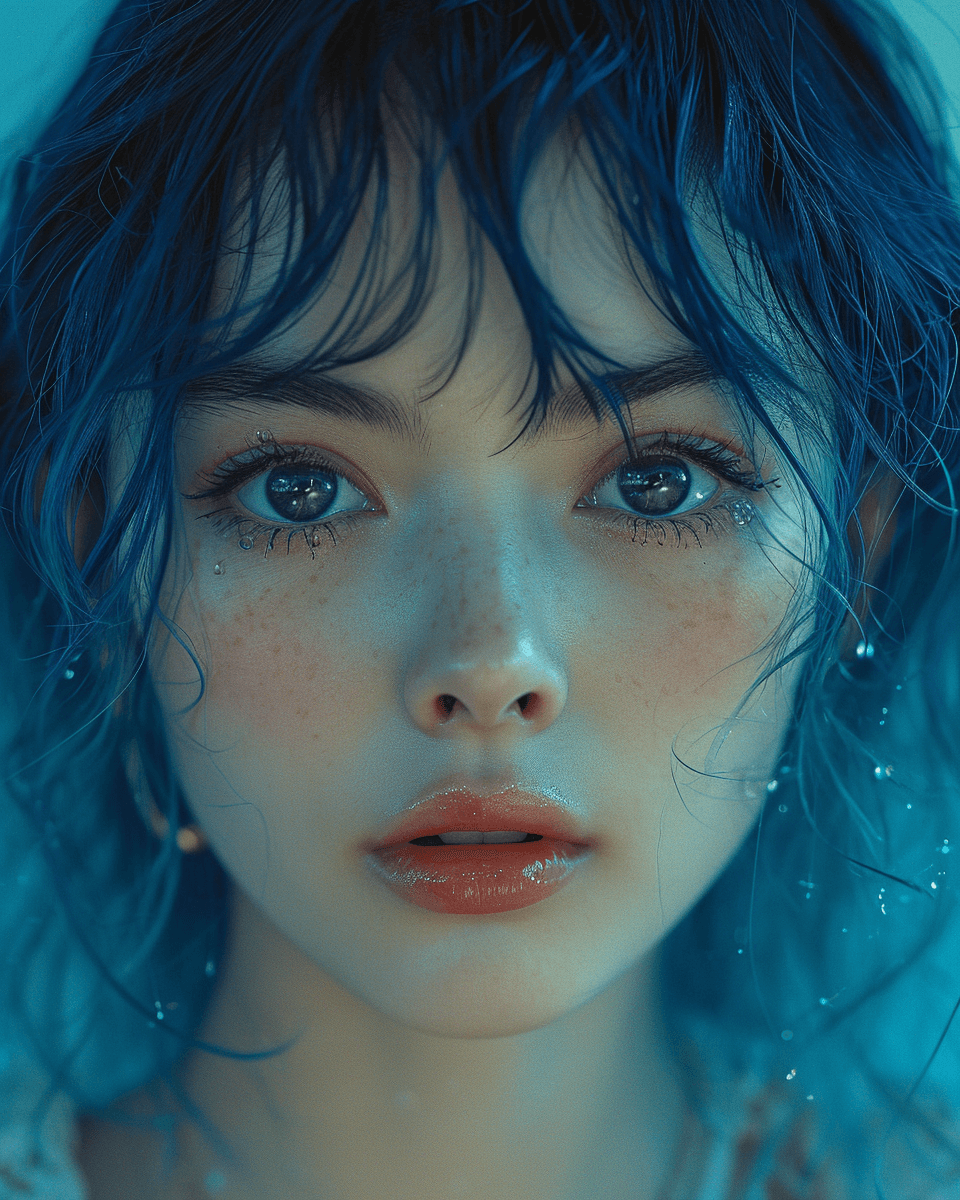 AI generated: japanese model, in the style of rinko kawauchi, light indigo and dark blue, xiaofei yue, relatable p...