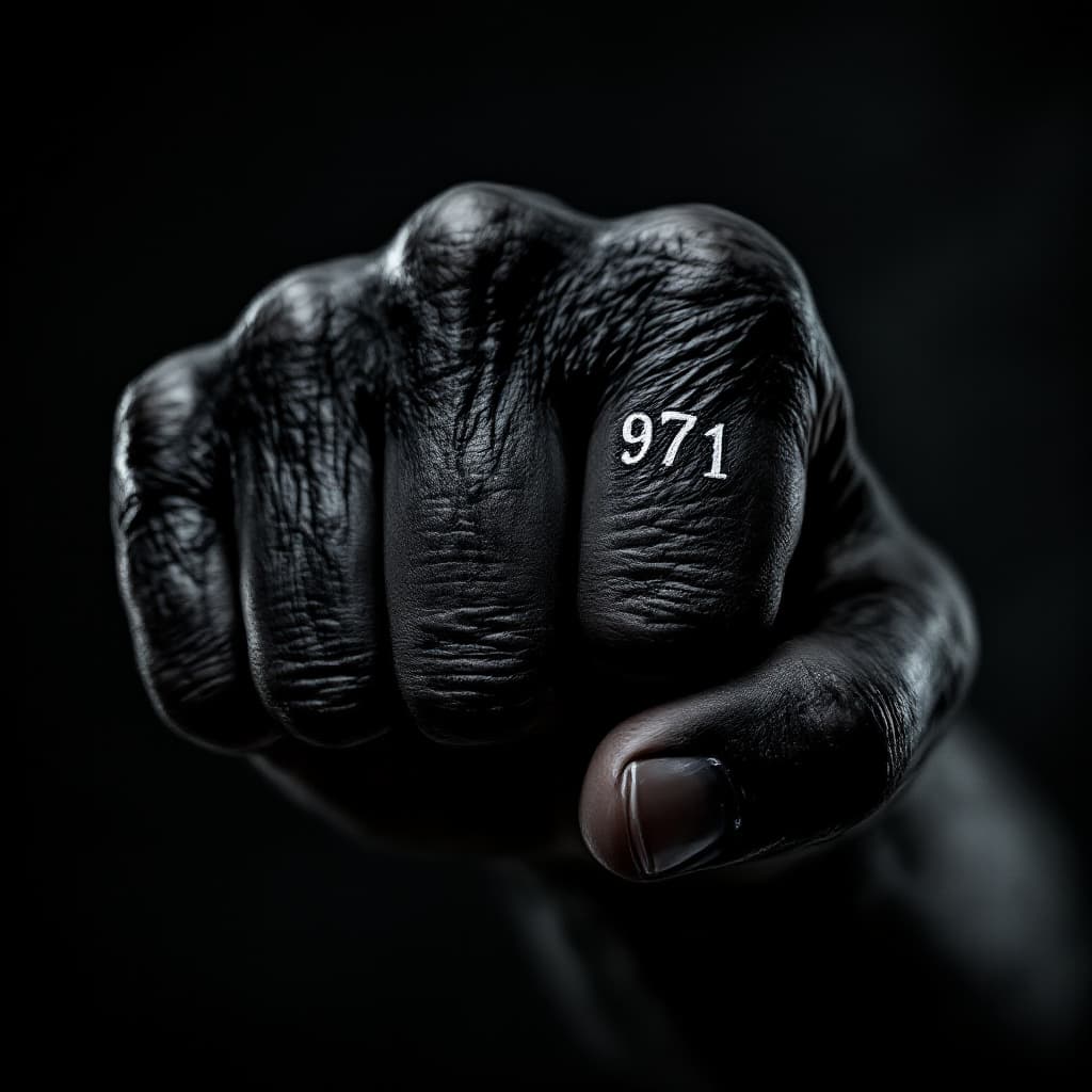 AI generated: a black fist hits the viewer in the face, the number 971 is tattooed on the fingers, a close-up of t...