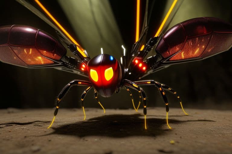 AI generated: illuminated, translucent, A Spider and Wasp ::5 hyper-realistic robot insects fight in a futuristic ...