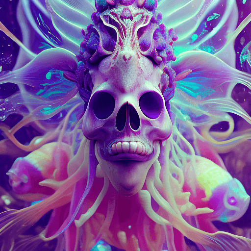 AI generated: Goddess close-up portrait ribcagel. jellyfish phoenix head, nautilus, orchid, skull, betta fish, bio...