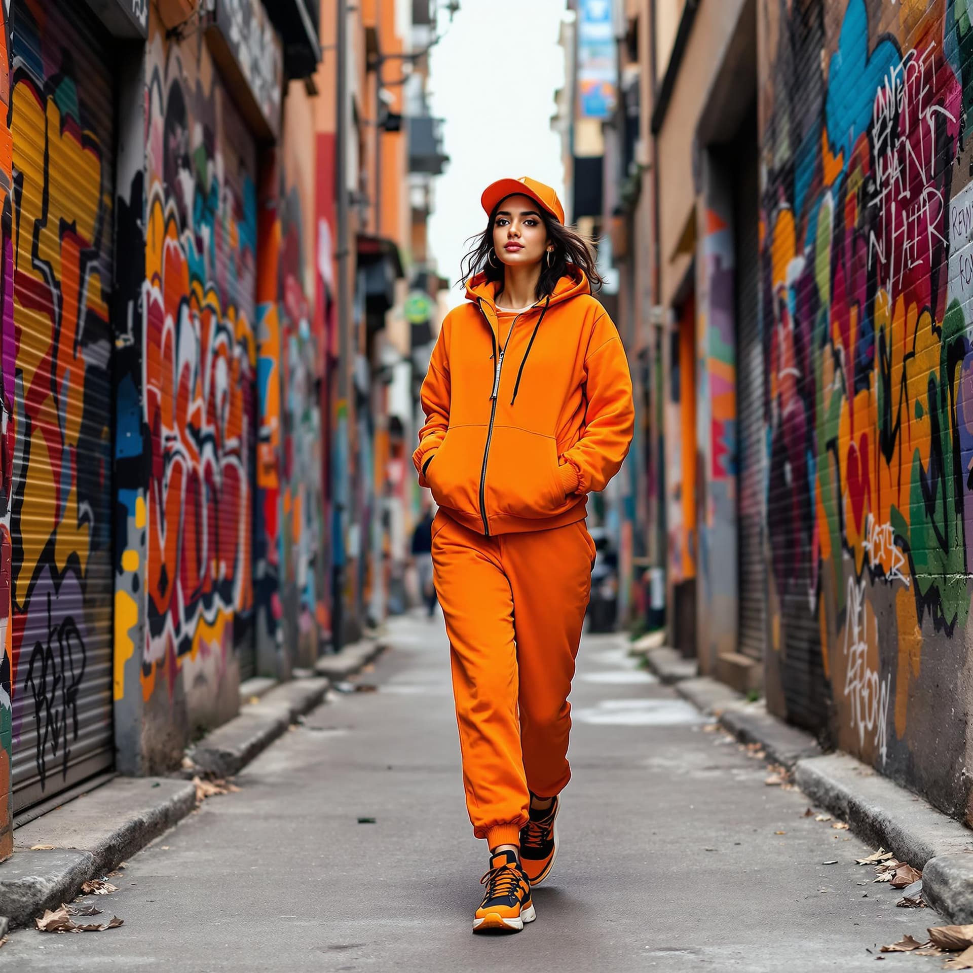 AI generated: A young Indian woman in a vibrant orange outfit, including a hooded bomber jacket, jogger pants, and...