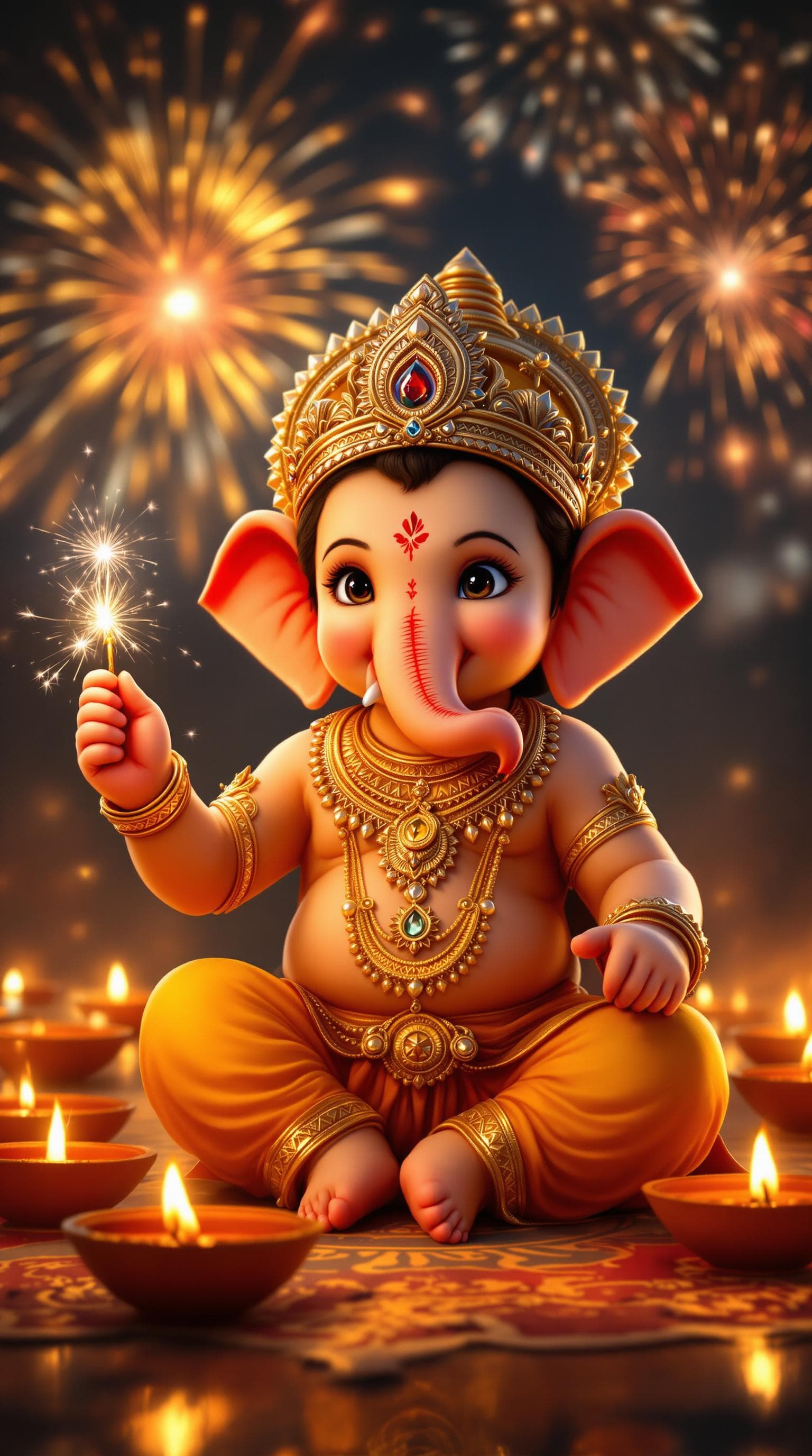 AI generated: "A highly detailed, ultra-HD, photorealistic digital painting of baby Lord Ganesha celebrating Diwal...