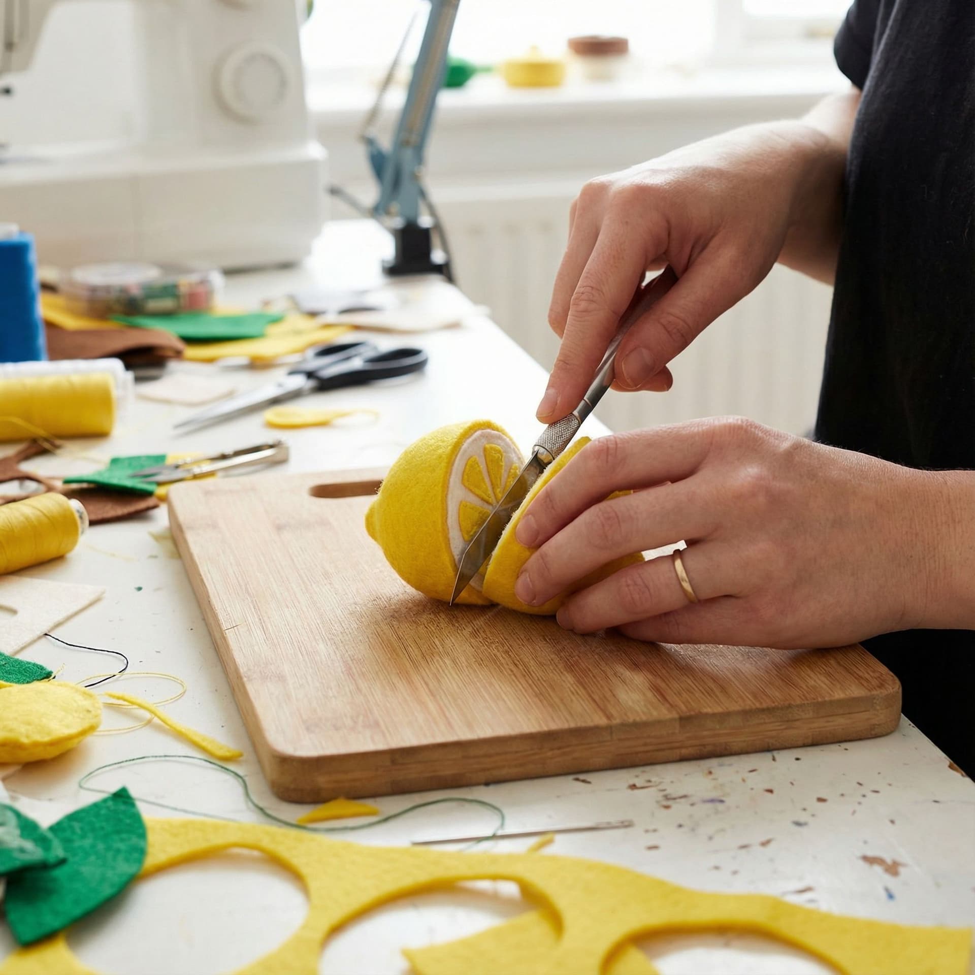 AI generated: Slicing a felt lemon 