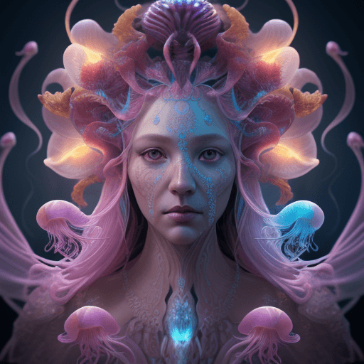 AI generated: Goddess close-up portrait ribcagel. jellyfish phoenix head, nautilus, orchid, skull, betta fish, bio...