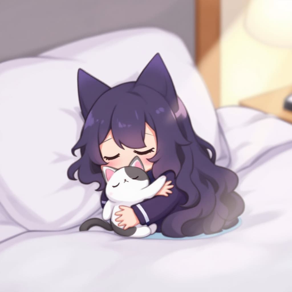 AI generated: best quality,symmetry,
(solo,chibi:1.2),cat ears,closed eyes,hugging cat,(partially submerged:1.4),d...