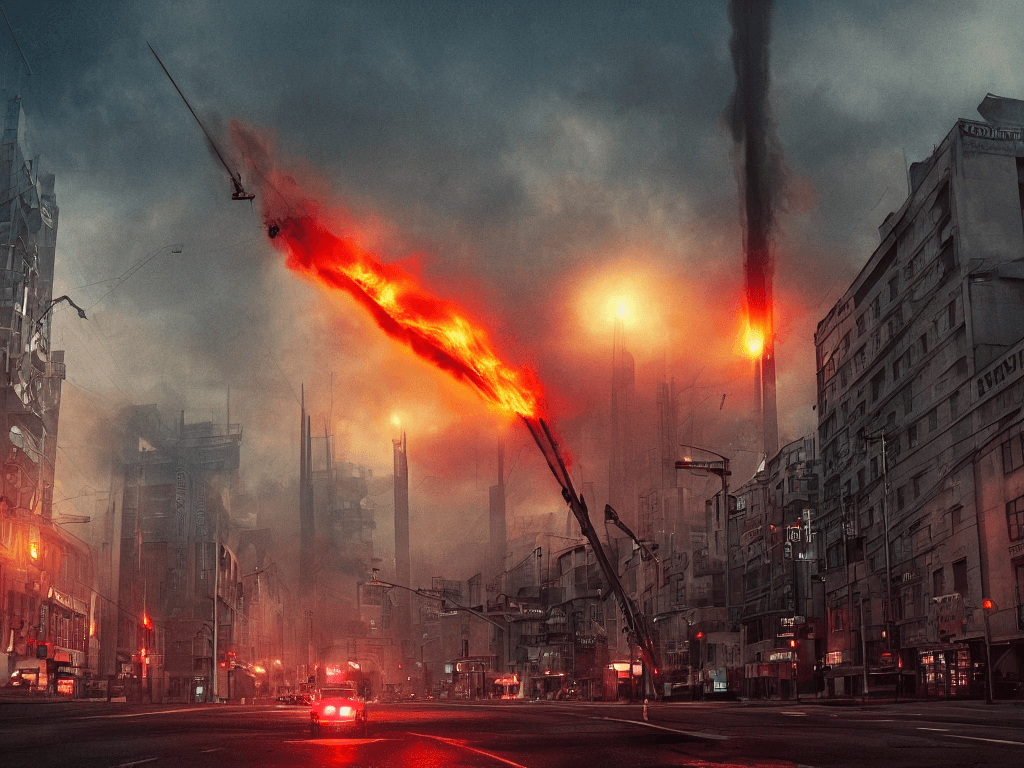 AI generated: city street view with an tall antenna tower in the middle with smoke and fire , Street view, Portait...