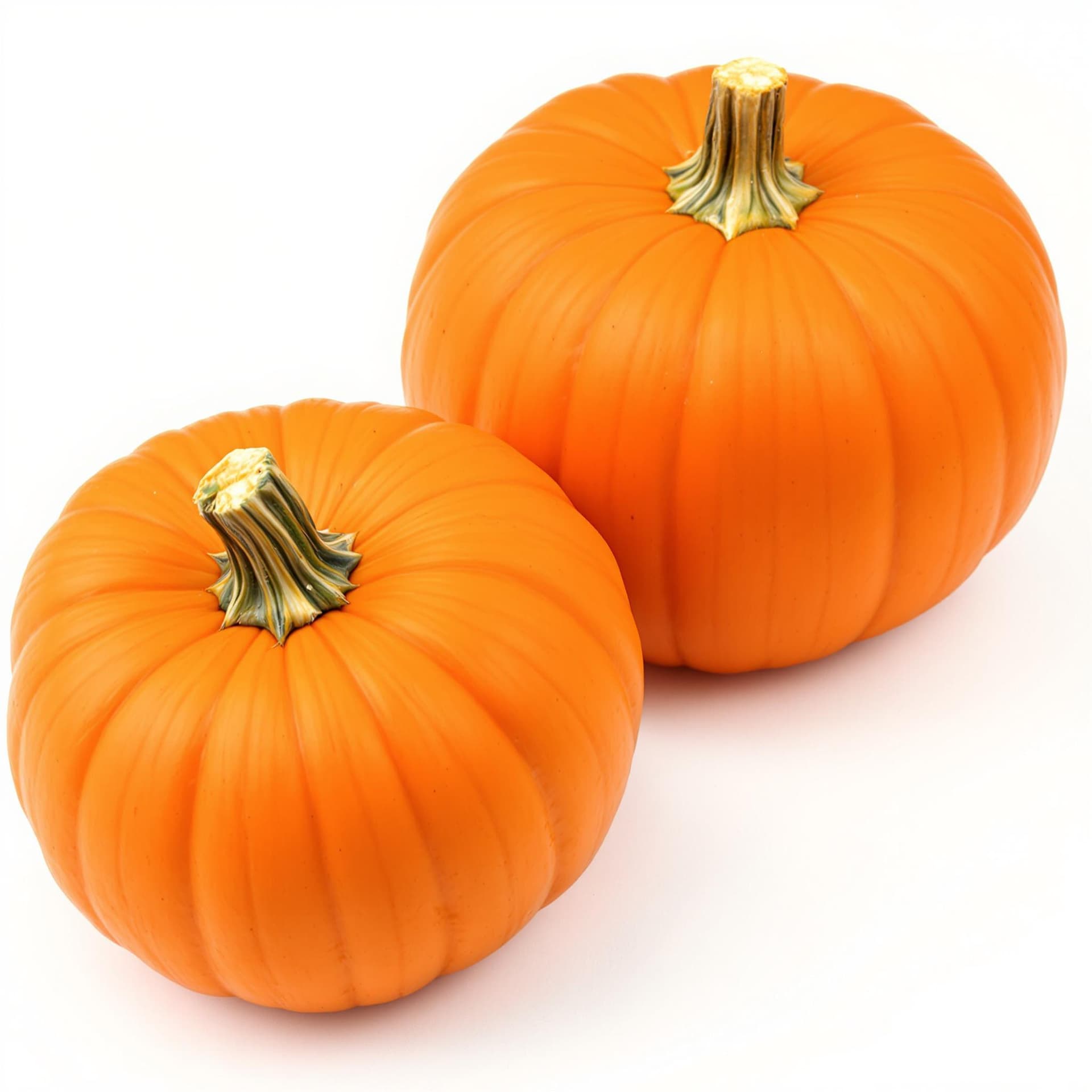 AI generated: pumpkins, orange, vibrant, realistic, close-up, two pumpkins, green stems, smooth skin, plump, fall ...