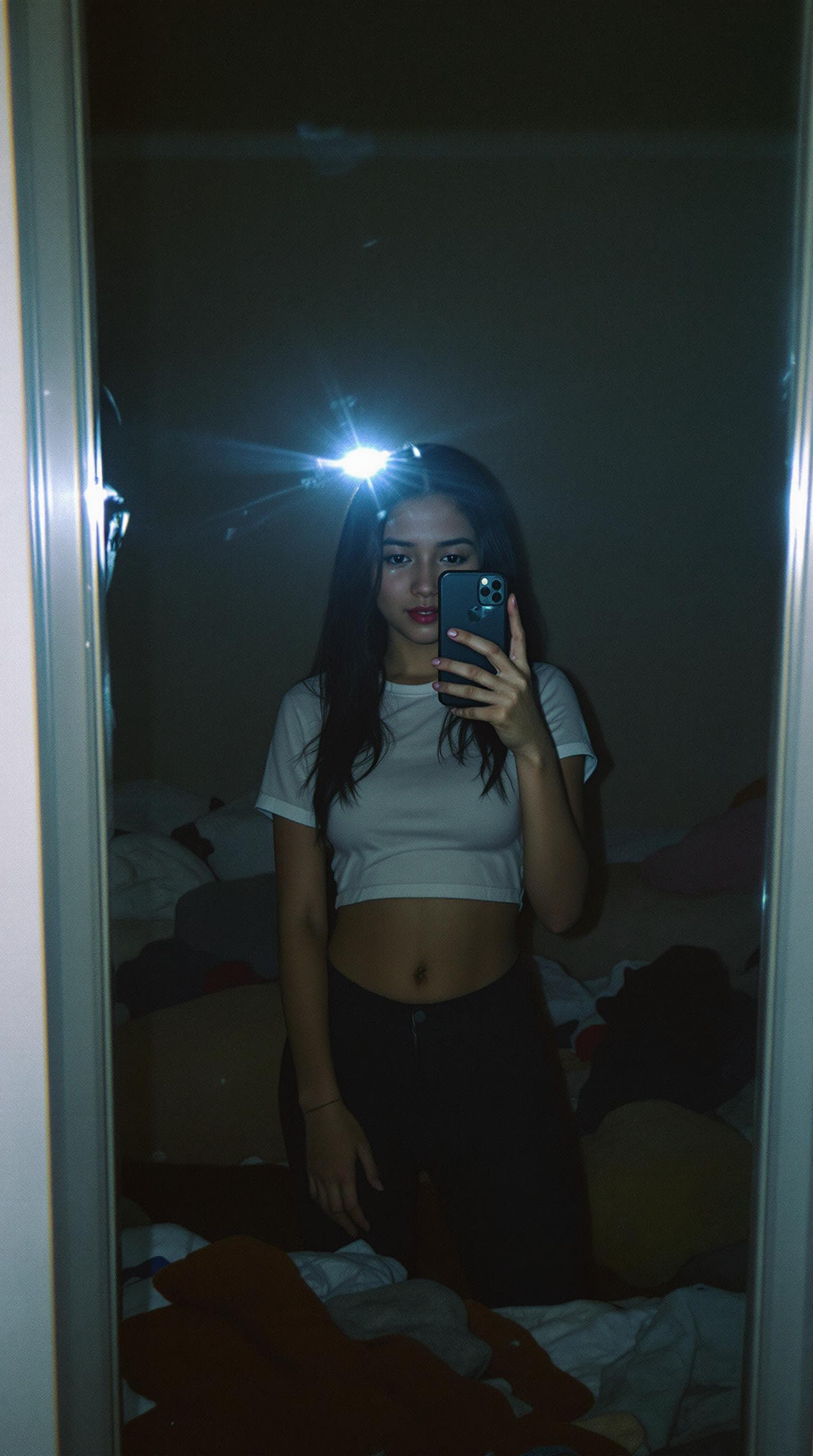 AI generated: schoolar asian girl stands in front of a mirror, capturing a selfie. Wearing a crotop. The image qua...