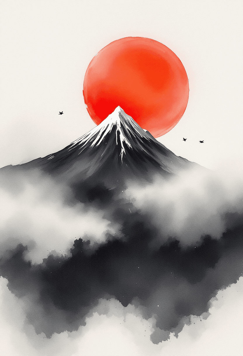 AI generated: Abstract ink wash painting, inspired by Mount Fuji partially dissolving into hazy white mist, a vibr...