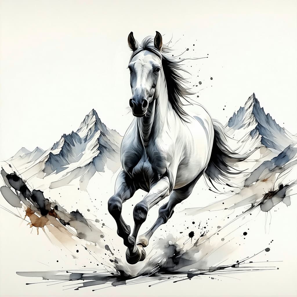 AI generated: a pencil drawing of a running horse, with mountains in the background, in the style of bold, gestura...