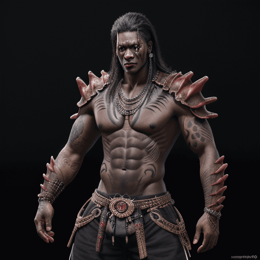 AI generated: Anime, Tribal King, Male, Dark Skin, Red Eyes, Muscular, Tribal Animal Tattoos, Scars, Evil Villain,...