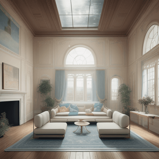 AI generated: High resolution photography interior design, dreamy sunken living room conversation pit, wooden floo...