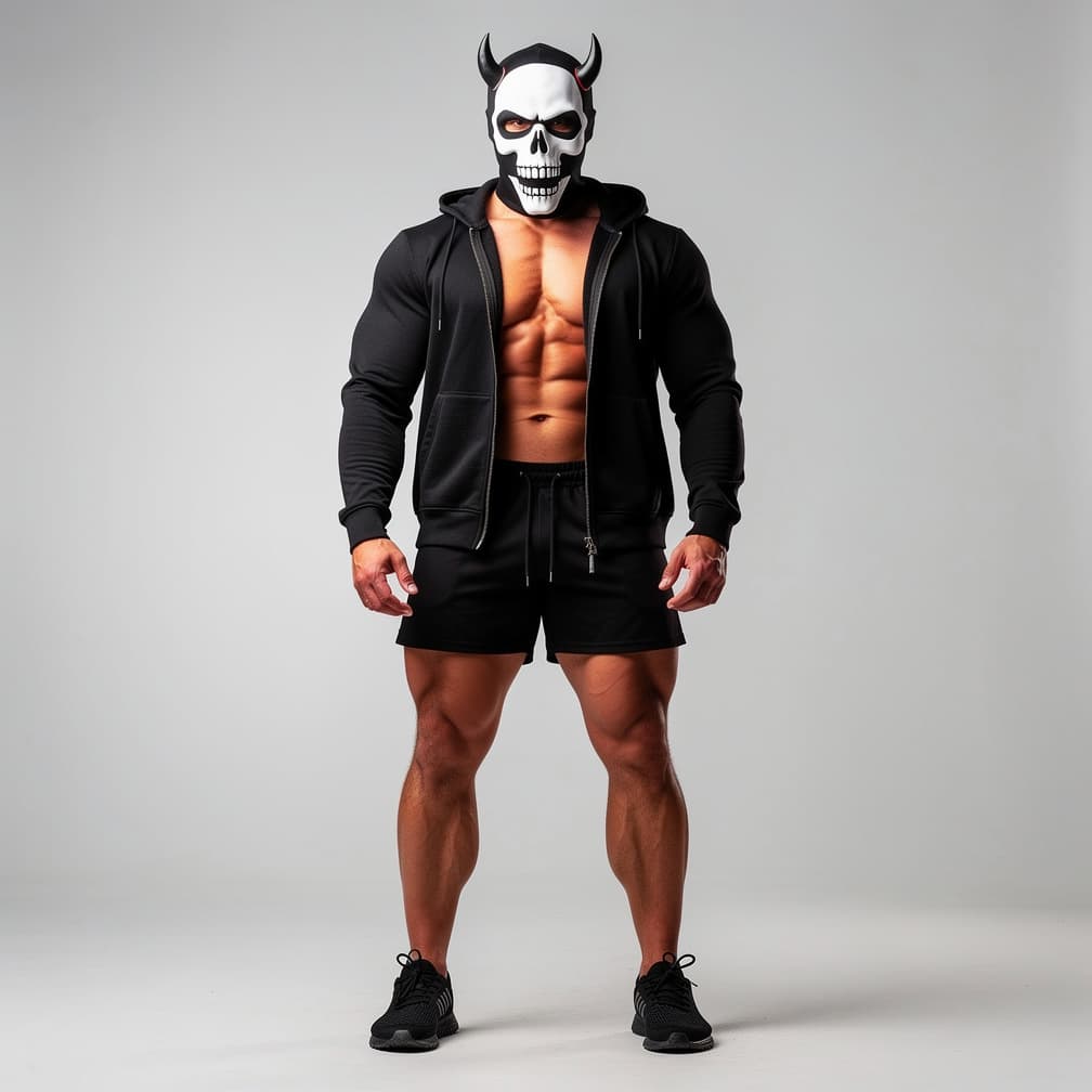 AI generated: A big muscular man wearing black short shorts and a black fully unzipped jacket with a hood that has...