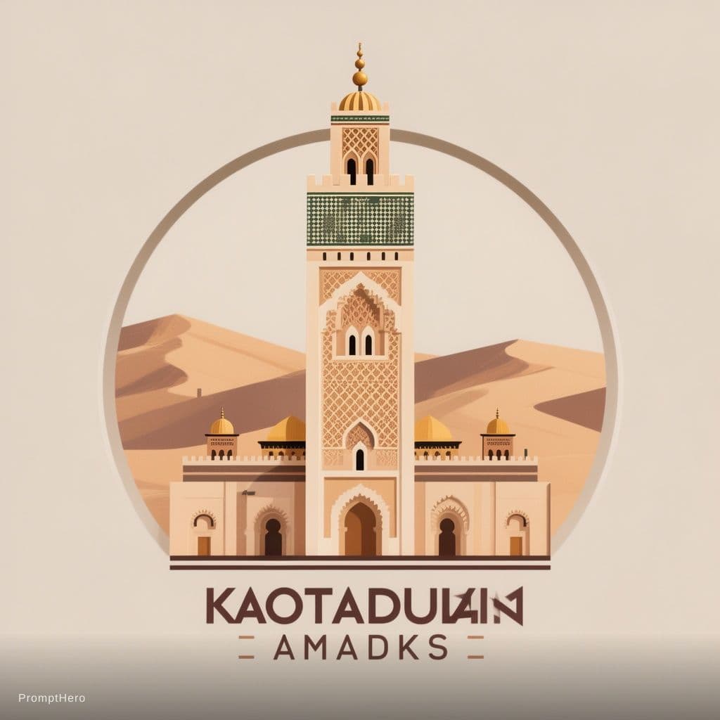 AI generated: Create a professional vector-style logo of the Koutoubia Mosque in Marrakech, Morocco. Focus on clea...