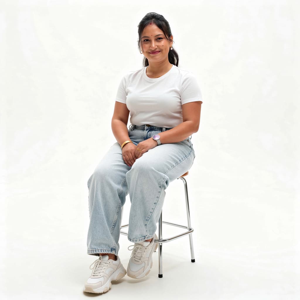AI generated: A highly detailed, photorealistic, cinematic high-angle full-body studio shot of a cute and stylish ...